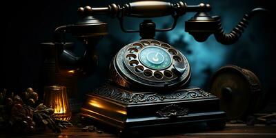 ai gerado. ai generativo. clássico retro vintage Antiguidade Telefone conversa telefone em de madeira mesa. gráfico arte foto