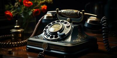 ai gerado. ai generativo. clássico retro vintage Antiguidade Telefone conversa telefone em de madeira mesa. gráfico arte foto