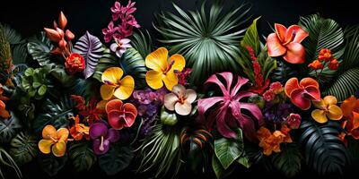 ai gerado. ai generativo. notânico ervas exótico tropical plantas ervas flores botânico folhagem fundo natureza selva lanfscape. gráfico arte foto