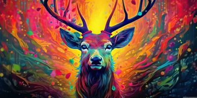 ai gerado. ai generativo. psicodélico veado veado animal. tinta escova desenhar pintura esboço rua arte vibrante cores. selvagem vida mamífero natureza estilo. gráfico arte foto