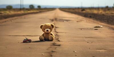 ai gerado. ai generativo. solitário quebrado perdido Urso animal brinquedo jogos em a estrada. triste vibração fundo. gráfico arte foto