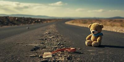 ai gerado. ai generativo. solitário quebrado perdido Urso animal brinquedo jogos em a estrada. triste vibração fundo. gráfico arte foto