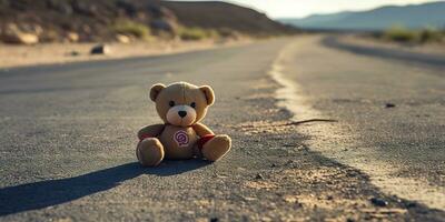 ai gerado. ai generativo. solitário quebrado perdido Urso animal brinquedo jogos em a estrada. triste vibração fundo. gráfico arte foto