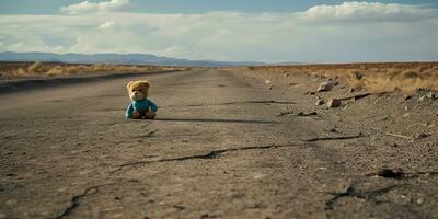 ai gerado. ai generativo. solitário quebrado perdido Urso animal brinquedo jogos em a estrada. triste vibração fundo. gráfico arte foto