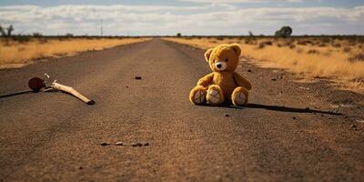 ai gerado. ai generativo. solitário quebrado perdido Urso animal brinquedo jogos em a estrada. triste vibração fundo. gráfico arte foto