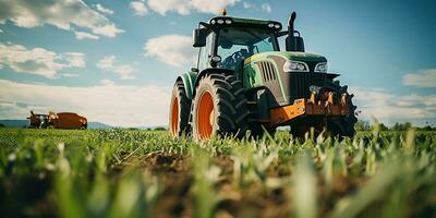 ai gerado. ai generativo. trator combinar máquina colheita campo agricultura. natureza ao ar livre Prado panorama máquina indústria. gráfico arte foto