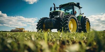 ai gerado. ai generativo. trator combinar máquina colheita campo agricultura. natureza ao ar livre Prado panorama máquina indústria. gráfico arte foto