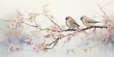 ai gerado. ai generativo. romântico lindo pássaro sentado em ramo árvore. óleo pintura desenhar aguarela natureza fundo. gráfico arte foto