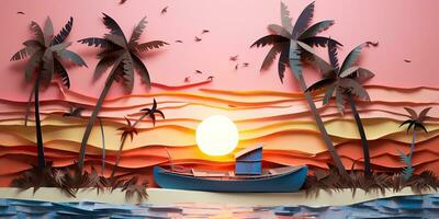 ai gerado. ai generativo. pôr do sol ilha tropical paraíso Palmeiras mar oceano período de férias barco vela poster. óleo desenhar pintura papel aguarela gráfico estilo. gráfico arte foto