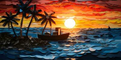 ai gerado. ai generativo. pôr do sol ilha tropical paraíso Palmeiras mar oceano período de férias barco vela poster. óleo desenhar pintura papel aguarela gráfico estilo. gráfico arte foto