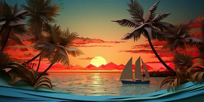 ai gerado. ai generativo. pôr do sol ilha tropical paraíso Palmeiras mar oceano período de férias barco vela poster. óleo desenhar pintura papel aguarela gráfico estilo. gráfico arte foto