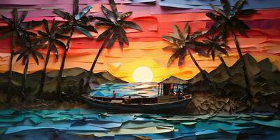 ai gerado. ai generativo. pôr do sol ilha tropical paraíso Palmeiras mar oceano período de férias barco vela poster. óleo desenhar pintura papel aguarela gráfico estilo. gráfico arte foto