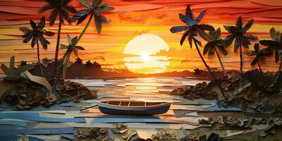 ai gerado. ai generativo. pôr do sol ilha tropical paraíso Palmeiras mar oceano período de férias barco vela poster. óleo desenhar pintura papel aguarela gráfico estilo. gráfico arte foto