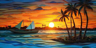 ai gerado. ai generativo. pôr do sol ilha tropical paraíso Palmeiras mar oceano período de férias barco vela poster. óleo desenhar pintura papel aguarela gráfico estilo. gráfico arte foto