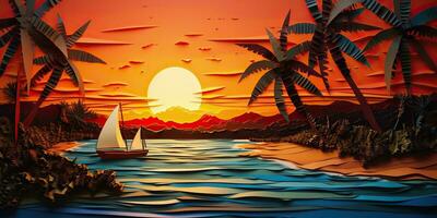 ai gerado. ai generativo. pôr do sol ilha tropical paraíso Palmeiras mar oceano período de férias barco vela poster. óleo desenhar pintura papel aguarela gráfico estilo. gráfico arte foto