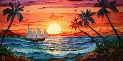 ai gerado. ai generativo. pôr do sol ilha tropical paraíso Palmeiras mar oceano período de férias barco vela poster. óleo desenhar pintura papel aguarela gráfico estilo. gráfico arte foto