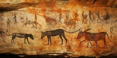 ai gerado. ai generativo. primitivo histórico pedra caverna parede desenhando arte do animais Caçando. gráfico arte foto