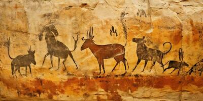 ai gerado. ai generativo. primitivo histórico pedra caverna parede desenhando arte do animais Caçando. gráfico arte foto