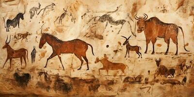 ai gerado. ai generativo. primitivo histórico pedra caverna parede desenhando arte do animais Caçando. gráfico arte foto