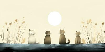 ai gerado. ai generativo. vintage retro crianças desenho animado personagem gatos sentado às lua e uivando às noite. gráfico arte foto