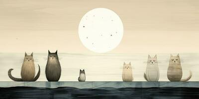 ai gerado. ai generativo. vintage retro crianças desenho animado personagem gatos sentado às lua e uivando às noite. gráfico arte foto