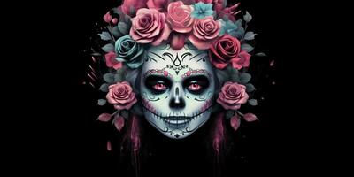 ai gerado. ai generativo. muertos mexicano latim dia do a morto feriado carnaval mulher faço acima açúcar crânio face. gráfico arte foto