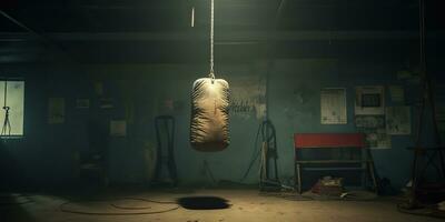 ai gerado. ai generativo. Sombrio vintage retro velho Academia boxe saco ginástica esporte marcial artes quarto interior. gráfico arte foto