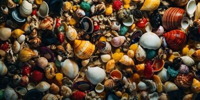 ai gerado. ai generativo. náutico marinho embaixo da agua mar oceano areia período de férias Concha Estrela fundo padronizar decoração zombar acima. gráfico arte foto