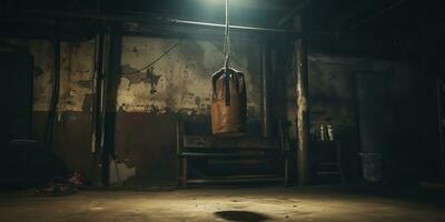 ai gerado. ai generativo. Sombrio vintage retro velho Academia boxe saco ginástica esporte marcial artes quarto interior. gráfico arte foto