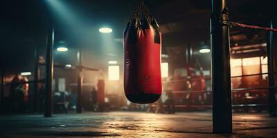 ai gerado. ai generativo. Sombrio vintage retro velho Academia boxe saco ginástica esporte marcial artes quarto interior. gráfico arte foto