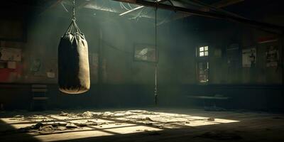 ai gerado. ai generativo. Sombrio vintage retro velho Academia boxe saco ginástica esporte marcial artes quarto interior. gráfico arte foto