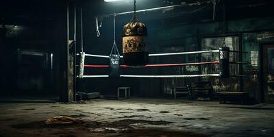 ai gerado. ai generativo. Sombrio vintage retro velho Academia boxe saco ginástica esporte marcial artes quarto interior. gráfico arte foto