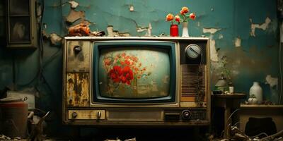 ai gerado. ai generativo. vintafe retro velho Antiguidade televisão televison caixa fechar para a parede fundo. gráfico arte foto