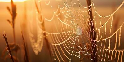 ai gerado. ai generativo. brilho do sol teia de aranha aranha rede às campo Prado feno grama. natureza ao ar livre animais selvagens. gráfico arte foto