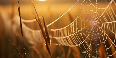 ai gerado. ai generativo. brilho do sol teia de aranha aranha rede às campo Prado feno grama. natureza ao ar livre animais selvagens. gráfico arte foto