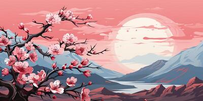 ai gerado. ai generativo. vintage retro tradicional japonês ásia panorama fundo. cereja Flor sakura árvore flor montanha e ao ar livre natureza mínimo gráfico arte. gráfico arte foto