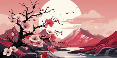 ai gerado. ai generativo. vintage retro tradicional japonês ásia panorama fundo. cereja Flor sakura árvore flor montanha e ao ar livre natureza mínimo gráfico arte. gráfico arte foto