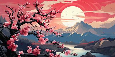 ai gerado. ai generativo. vintage retro tradicional japonês ásia panorama fundo. cereja Flor sakura árvore flor montanha e ao ar livre natureza mínimo gráfico arte. gráfico arte foto