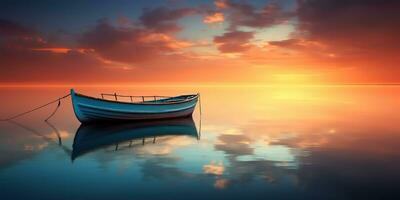 ai gerado. ai generativo. madeira barco navio em Paz calma relaxante lago mar rio água. natureza ao ar livre pescaria panorama. gráfico arte foto