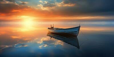 ai gerado. ai generativo. madeira barco navio em Paz calma relaxante lago mar rio água. natureza ao ar livre pescaria panorama. gráfico arte foto