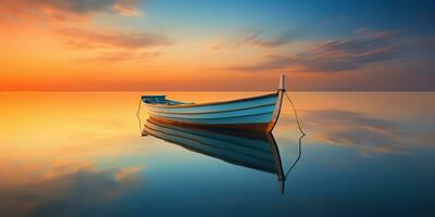 ai gerado. ai generativo. madeira barco navio em Paz calma relaxante lago mar rio água. natureza ao ar livre pescaria panorama. gráfico arte foto