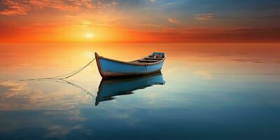 ai gerado. ai generativo. madeira barco navio em Paz calma relaxante lago mar rio água. natureza ao ar livre pescaria panorama. gráfico arte foto