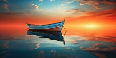 ai gerado. ai generativo. madeira barco navio em Paz calma relaxante lago mar rio água. natureza ao ar livre pescaria panorama. gráfico arte foto