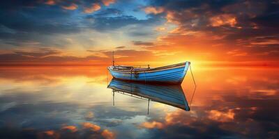 ai gerado. ai generativo. madeira barco navio em Paz calma relaxante lago mar rio água. natureza ao ar livre pescaria panorama. gráfico arte foto