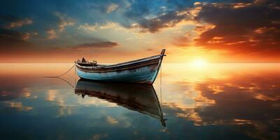 ai gerado. ai generativo. madeira barco navio em Paz calma relaxante lago mar rio água. natureza ao ar livre pescaria panorama. gráfico arte foto