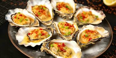 ai gerado. ai generativo. luxo restaurante mar Comida ostras molusco Comida. gráfico arte foto