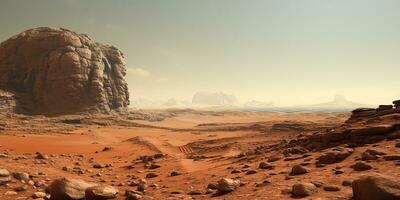 ai gerado. ai generativo. Marte planeta galáxia superfície panorama deserto montanha ao ar livre panorama. gráfico arte foto