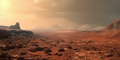 ai gerado. ai generativo. Marte planeta galáxia superfície panorama deserto montanha ao ar livre panorama. gráfico arte foto