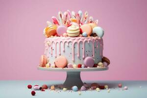 colorida baunilha aniversário bolo com granulados sobre uma pastel fundo. generativo ai foto