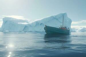 antártico panorama com navio e icebergs. a navio dirigindo através congeladas mar. generativo ai foto